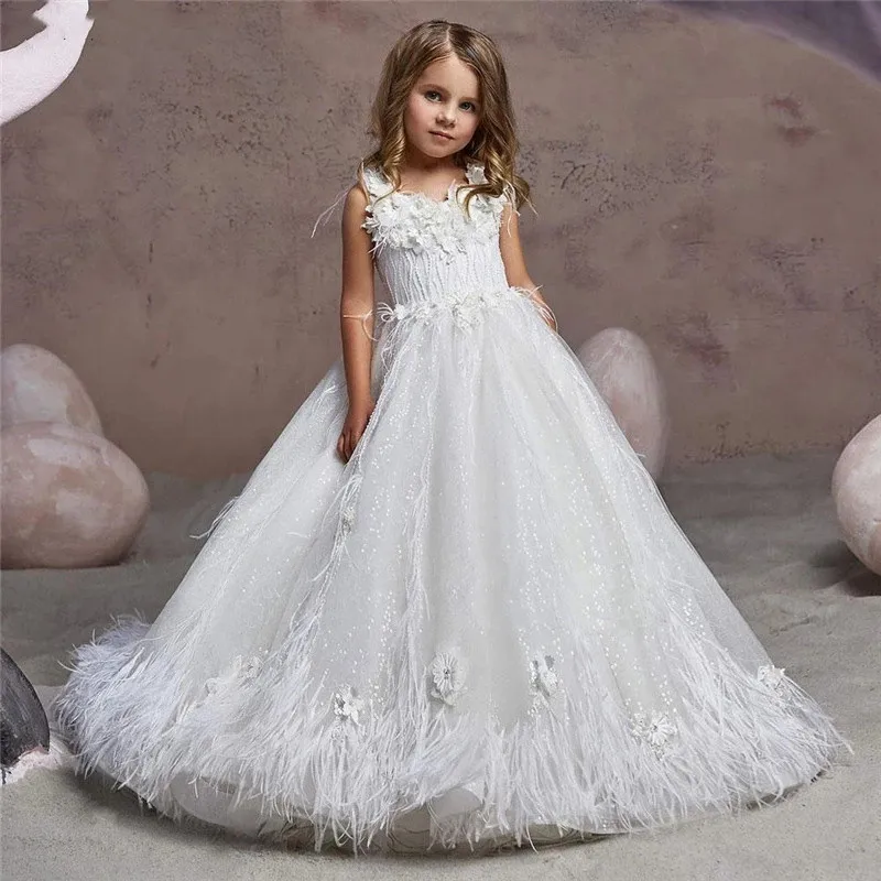 

Sequined Feather Girls Pageant Dresses Jewel Neck Appliqued Princess Flower Girl Dress Sweep Train Skirt