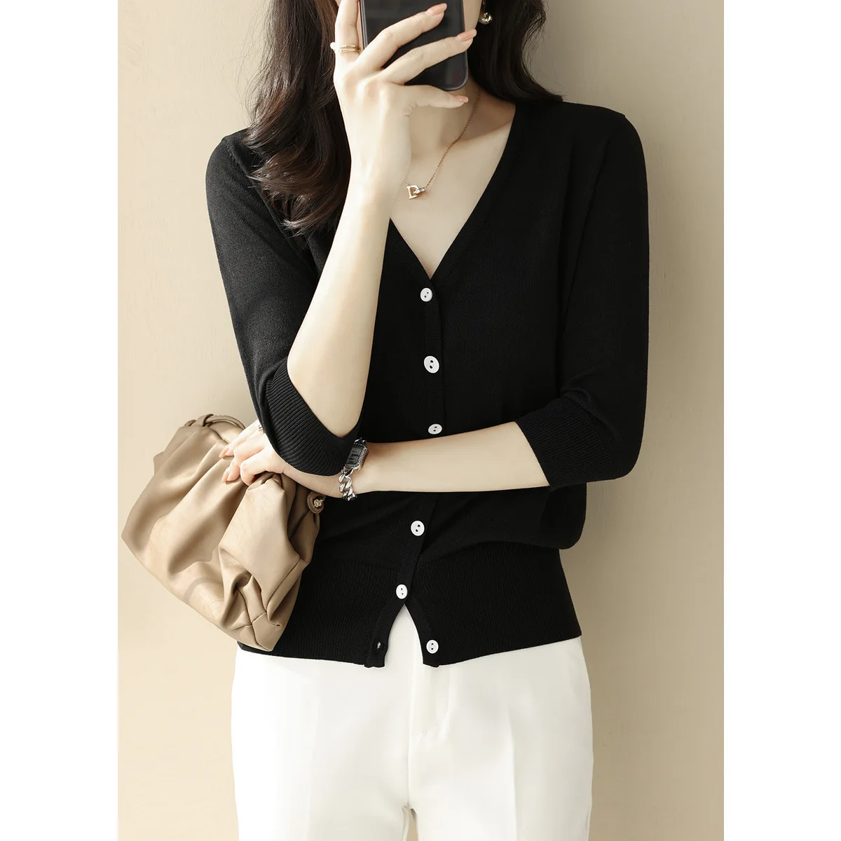 Женский трикотажный кардиган однотонный тонкий свободный и Приталенный из