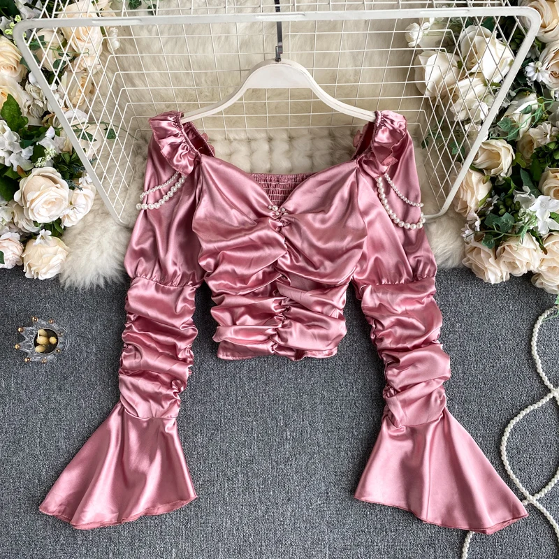 

Net Red Pink Folds Cropped Sexy Top 2022 New Spring Pearl Flare Sleeve V-neck Elegant Ladies Long Sleeve Pullovers Top