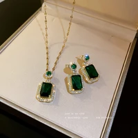 gorgeous green cubic zirconia stud earrings for women big square emerald crystal paved pendant necklace ring set fashion jewelry