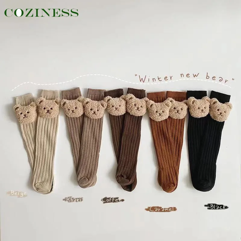 

Носки для маленьких девочек, утепленные носки с мультяшным маленьким медведем для малышей, защита от холода, длинные однотонные носки для н...