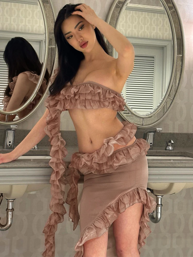 

WeiYao Sexy Strapless Ruffles Irregular Fit Bodycon Midi Dresses Backless Hollow-out Egirl Summer Holiday Dress For Women 2023