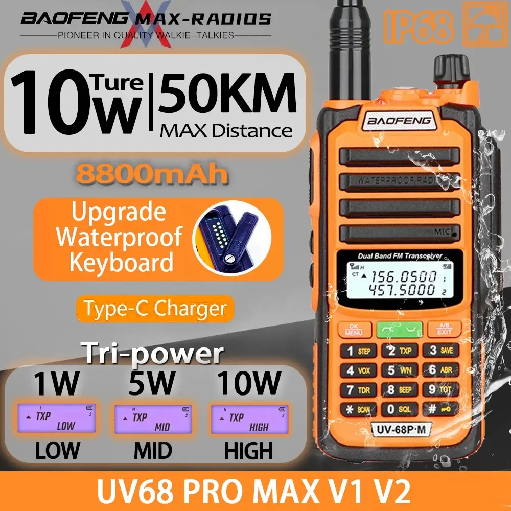 

BAOFENG UV68 Pro Max V2 10W Dual Band TypeC Charger IP68 Waterproof CB Radio 50KM Long Range Ham Radio Walkie Talkie TwoWayRadio