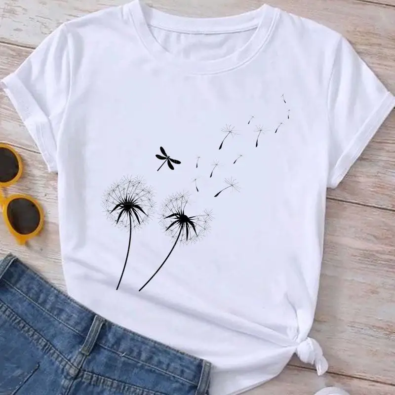 

Ladies Cartoon Dragonfly Plant Trend Clothing Short Sleeve Fashion Clothes Graphic T Shirt Summer Tee Women T-shirt Female Top
