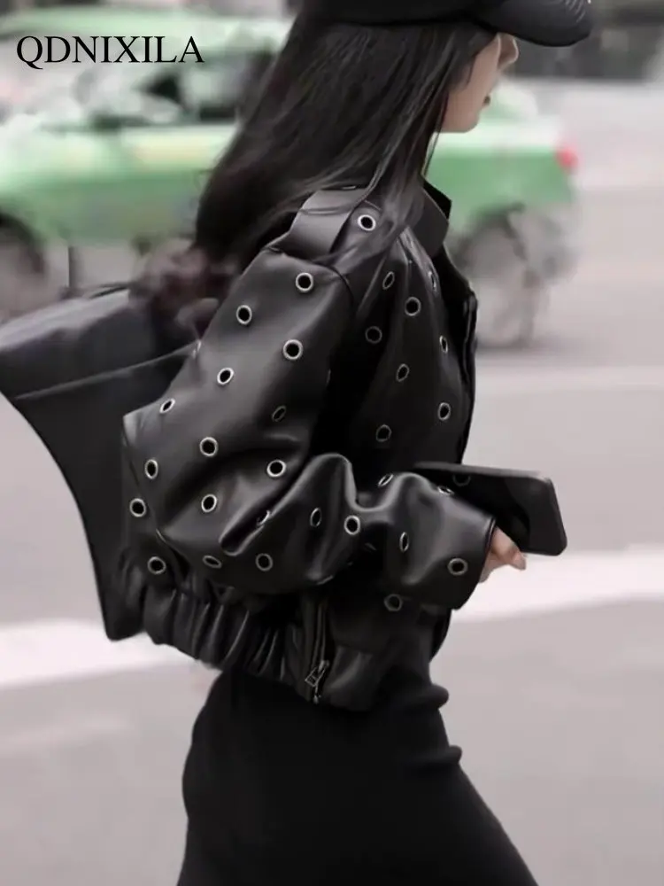 Women's Moto Biker Zipper Jacket 2023 Spring Jacket Women New Outerwear Heavy Industries Metal Buckle Hole Leather Jacket Woman