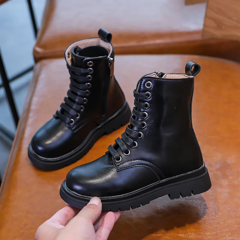 

Kids Fashion Sewing Winter Children Solid Boots for Girls Thick Bottom Non-slip Korean Ankle Boots for Boys Side Zip PU Boots