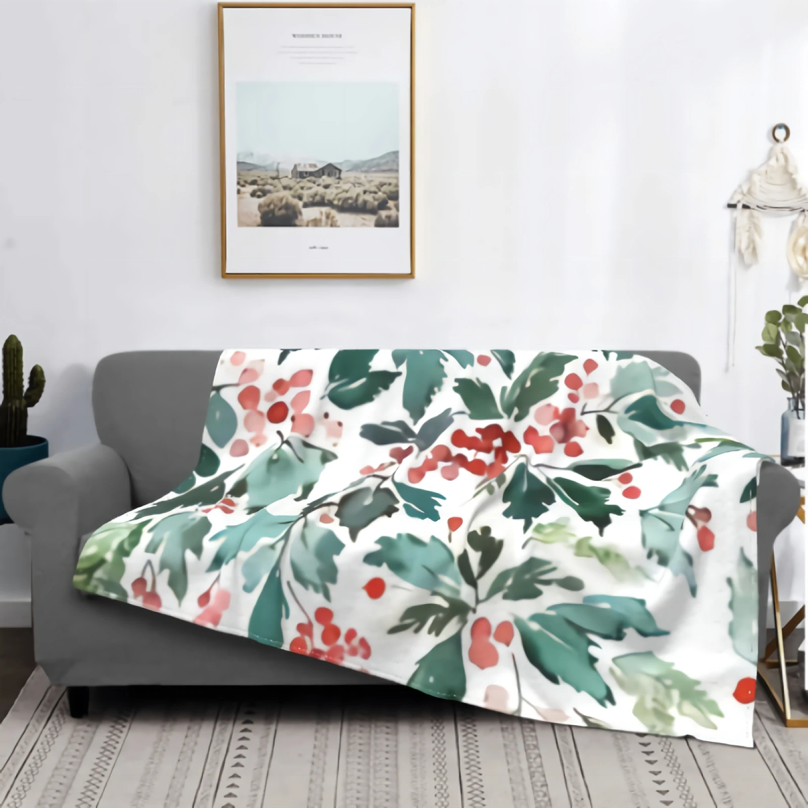 

Watercolor Christmas Pattern With Berries And Spruce Flannel Fleece Bed Blanket Lightweight Cozy Plush Blanket for Bedroom Couch