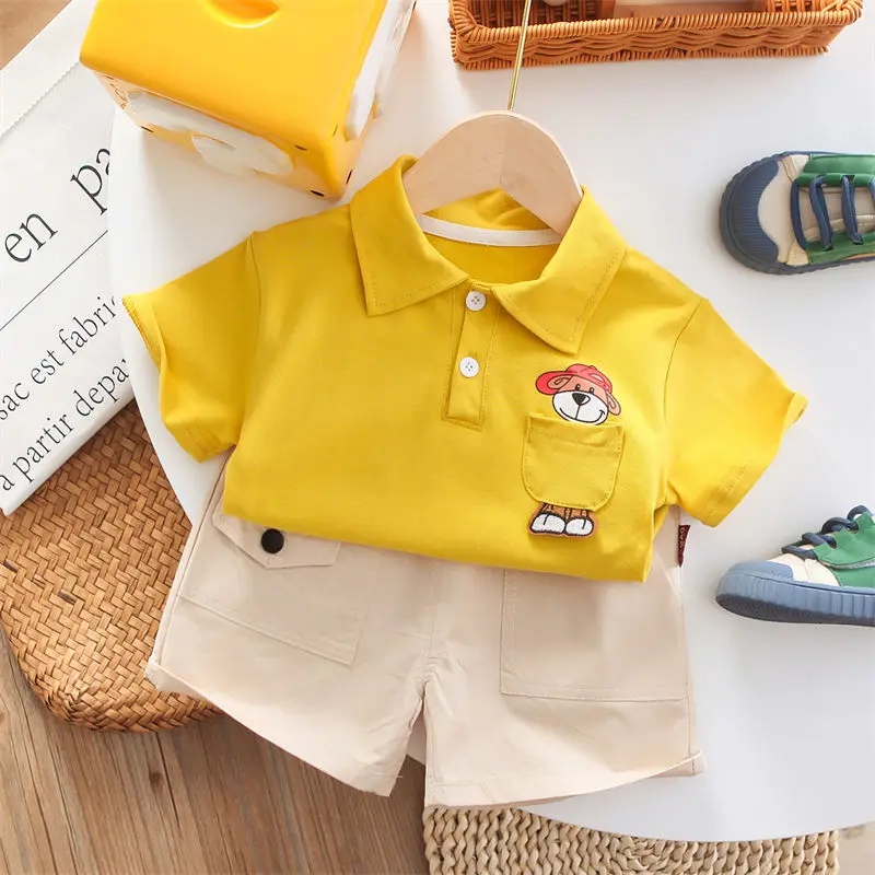 

Детская одежда Летний костюм для мальчиков Модный Детский костюм в Корейском стиле с короткими рукавами и карманами в виде щенка, комплект из 2 предметов