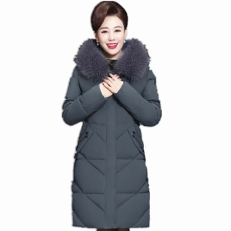 

XL-7XL Down Cotton Clothes Jacket Mid-Length Women Big Fur Collar Solid Color Coat Abrigos Mujer Invierno Sobretudo Feminino