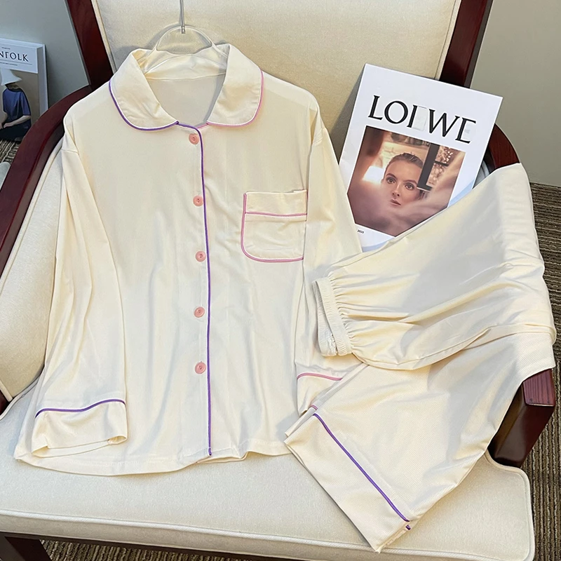 CAIYIER Women's Pajamas Autumn Winter Long Sleeve Cardigan Sleepwear Stripe Cartonn Pajamas Set Girls Kawaii Leisure Nightwear