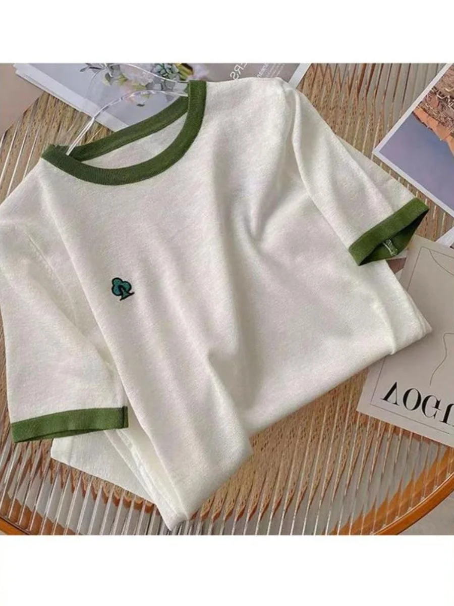 Женская футболка новинка 2024 европейские товары вязаная шелковая рубашка с