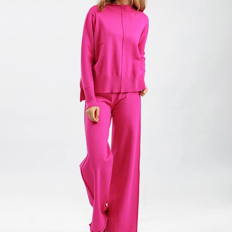 

Knitted Suits New In Matching Sets O Neck Causal Long Sleeve Tops Wide Leg Pants Two Piece Set Ladies Solid Pants Outfits