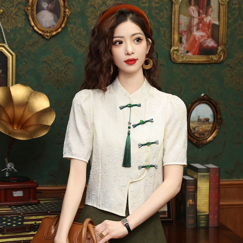 Новая летняя женская рубашка с коротким рукавом и воротником-стойкой шифоновая