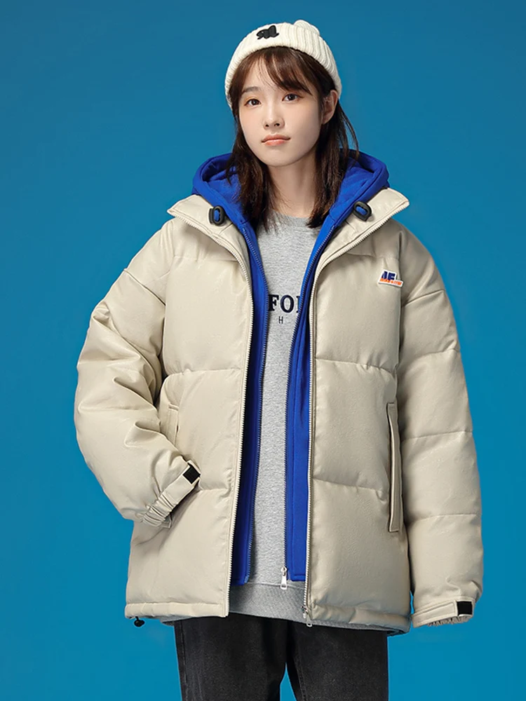 

High Quality Cool PU Women WInter Jacket CP Stand Collar Cotton Padded Thicken Solid White Black Coat Oversize Parka