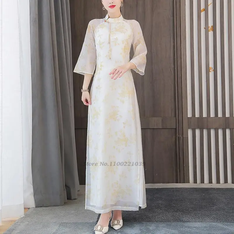

2022 вьетнамское платье-Ципао aodai для женщин, традиционное китайское шифоновое платье, элегантное женское платье с цветочным принтом, элегант...