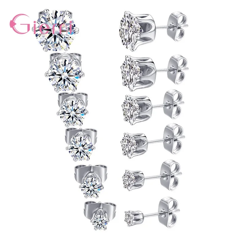 

3-4-5-6-7-8mm Genuine 925 Silver Stud Earrings For Women Fashion Wedding Jewelry Gift Shiny Crystal Earrings All Size