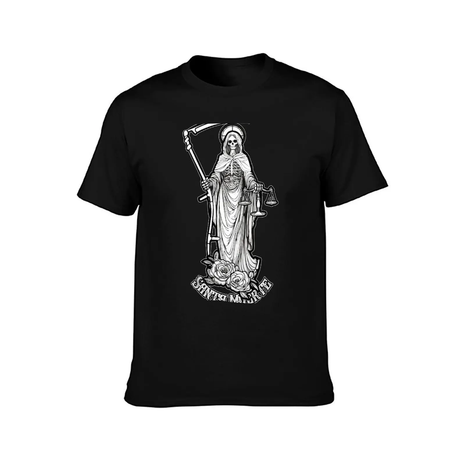 Фото Футболка Santa Muerte с весами - праздничная простая футболка с изображением Святой Смерти №2