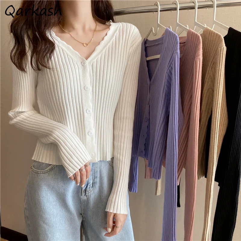 

Cardigan Women Cozy Stretchy Slim Tender Crops Simple V-neck Single Breasted Inside Mujer Long Sleeve Sweater Basic Fit Jumpers