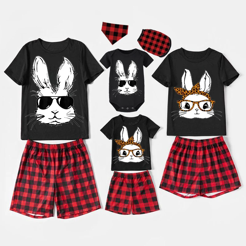 Easter Family Matching Pajamas Exclusive Design Happy Easter Bunny With Glasse Black Pajamas Set