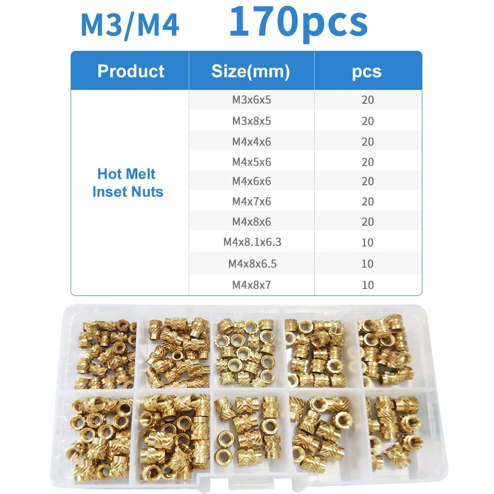 

M3 M4 Brass Hot Melt Knurled Copper Insert Nuts Set Threaded Insert Heating Application Injection Nut Kits Hardware 170pcs