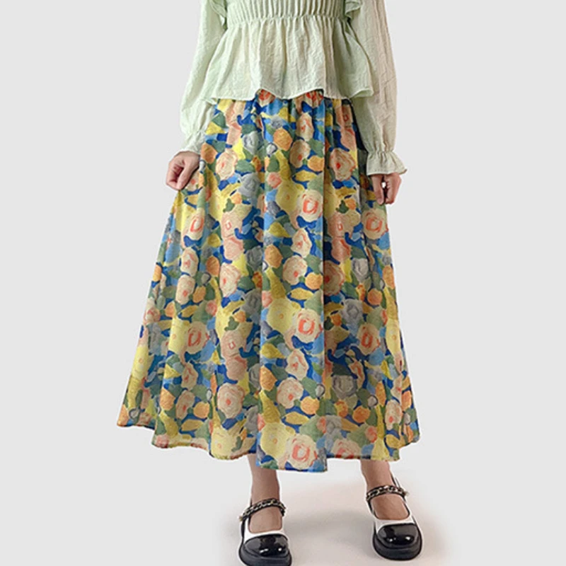 

Summer Floral Painting Cotton Long Pleated Skirt