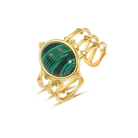 gd vintage layered green oval natural stone rings for women 316l gold plated stainless steel opening ring jewelry gift new