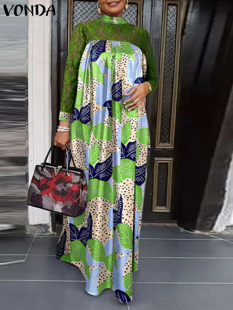 

Long Sleeve Lace Dress 2022 VONDA Women Vintage Patchwork Party Maxi Dress Elegant Printed Holiday Maxi Sundress Femininas