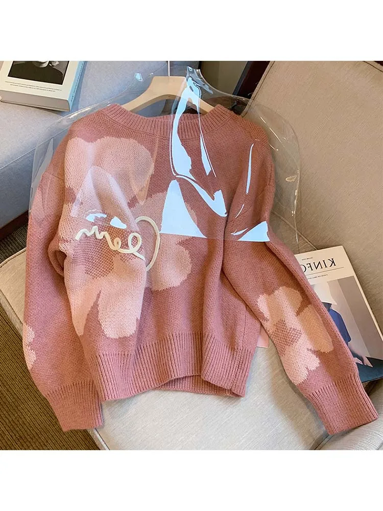 Pink Flower Print Knit Sweater Women Fashion Fall New Pullover Loose Simple Long-sleeved Knitwear Top Female Wild Temperament
