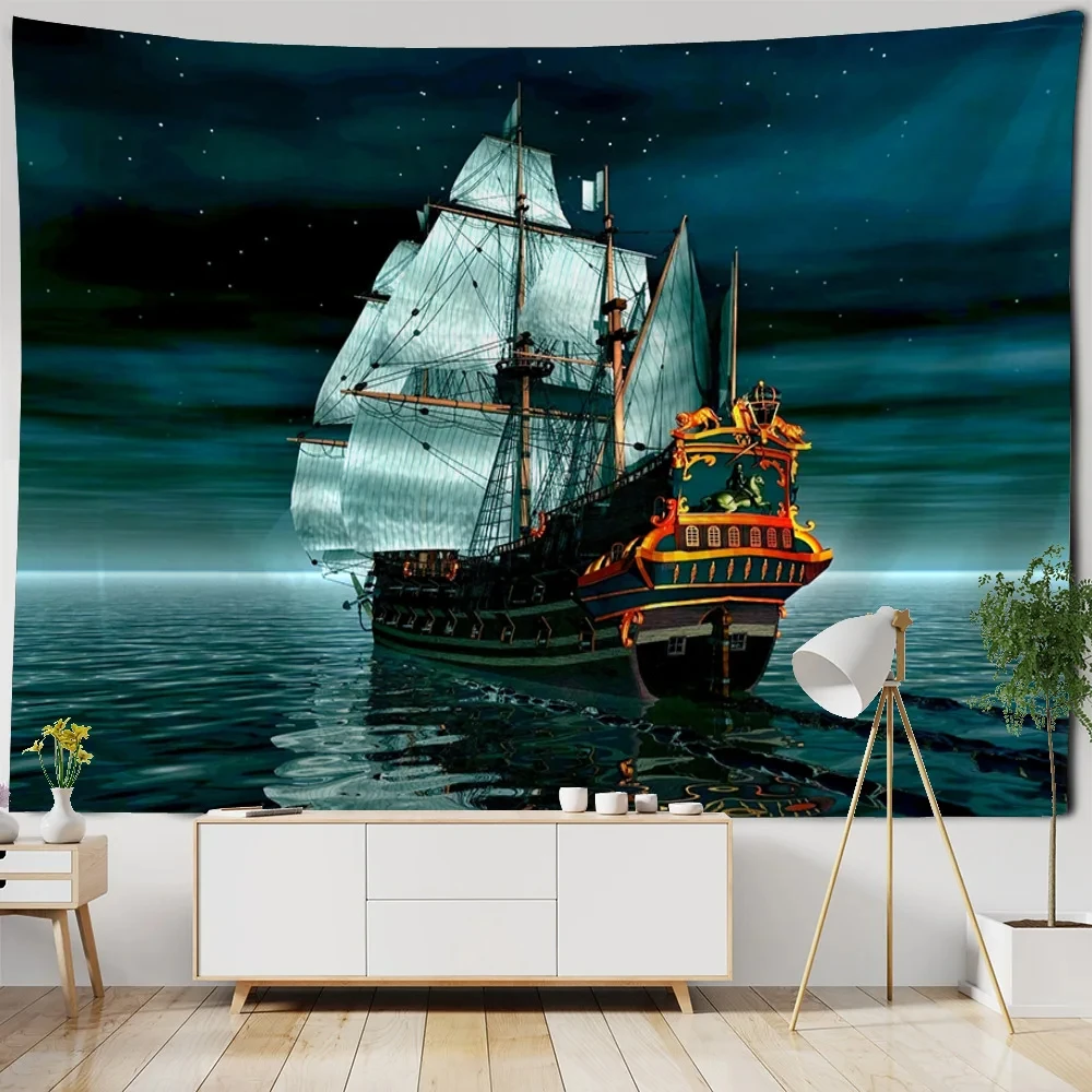 

Pirate Ship Tapestry Wall Hanging Sea View Home Art Decor Hippie Blanket Bohemian Room Headboards Aesthetics Background Cloth