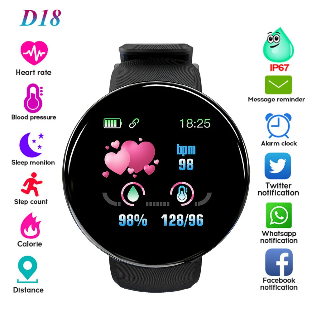 

D18 Smart Horloge Hartslag Bloeddruk Fitness Tracker Mannen Vrouwen Smart Polsband Waterdicht Sport Smartwatch Voor