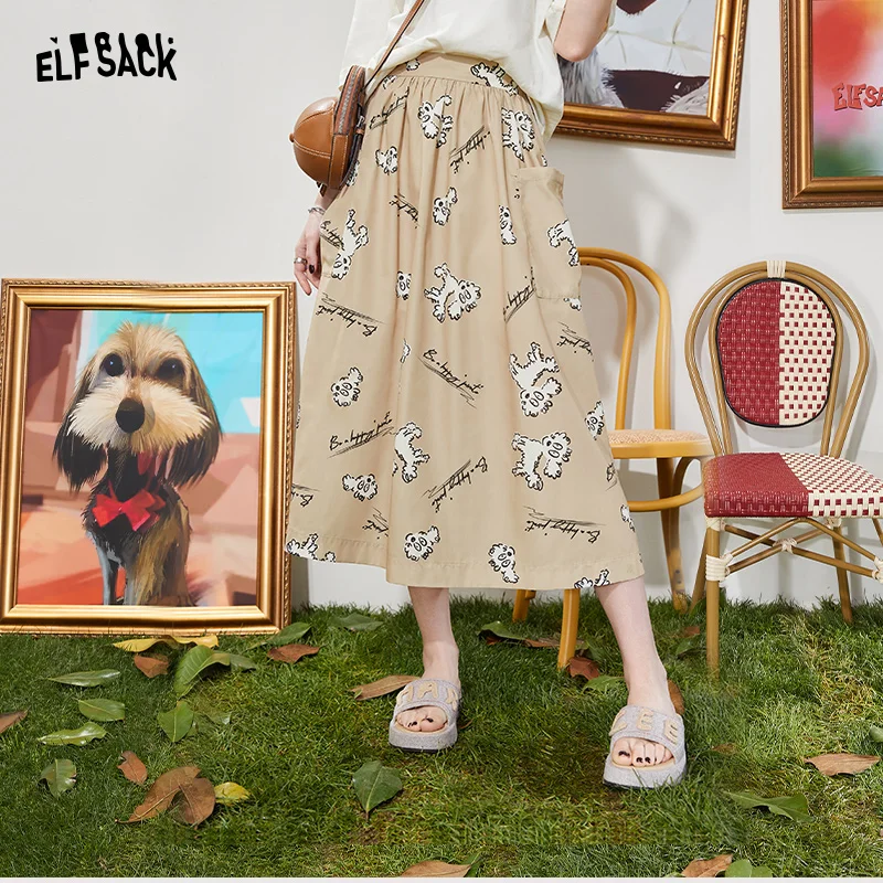 ELFSACK Khaki Dog Print Skirt Casual Woman,2022 Summer Chic Vintage Sexy Ladies Daily  Bottom