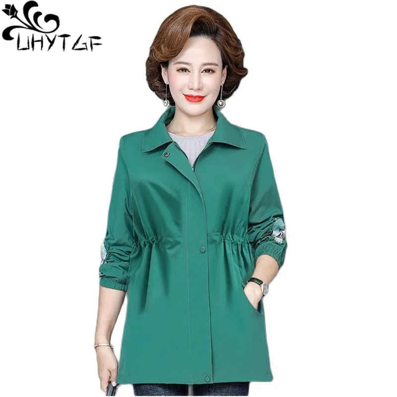 

UHYTGF 2022 New Mom Spring Autumn Trench Coat Mid-Length Casual Women's Outerwear Korean 5XL Loose Size Windbreaker Jaqueta 2007