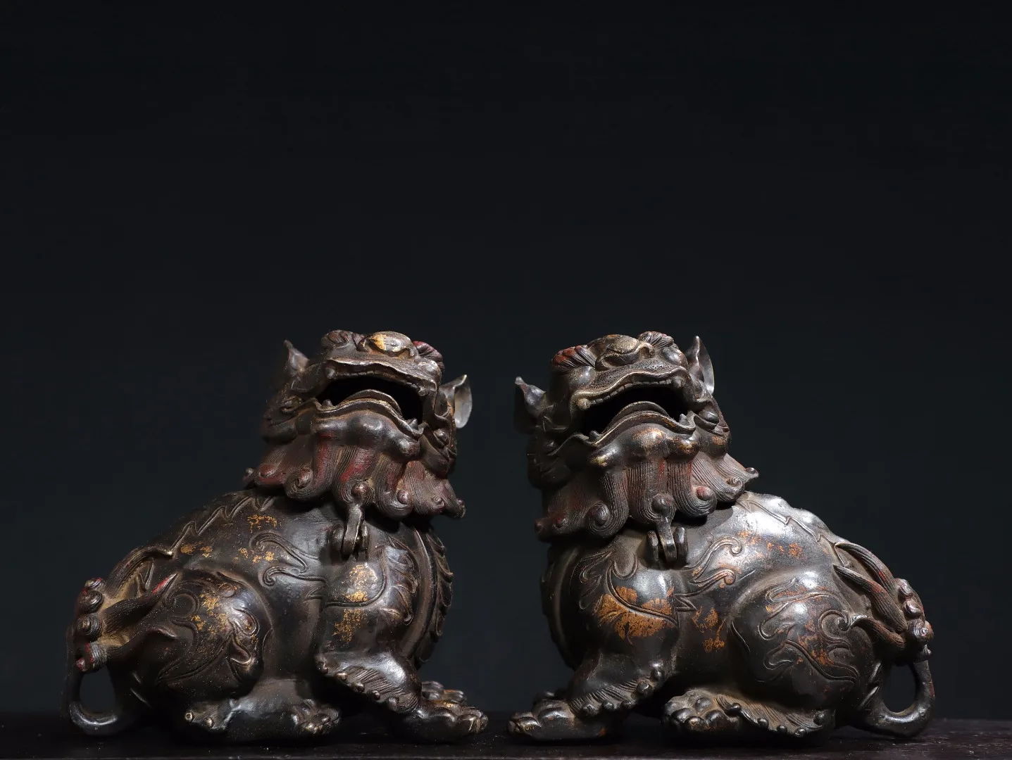 

6"Tibetan Temple Collection Old Bronze Cinnabar Mud gold Lion Statue A pair Gate Lion Auspicious beast incense burner Ornaments