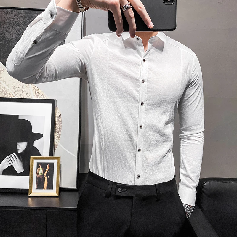 Solid Color Cotton Shirts Men Long Sleeve Slim Fit Business Casual Shirt Formal Social Party Streetwear Blouse Chemise Homme