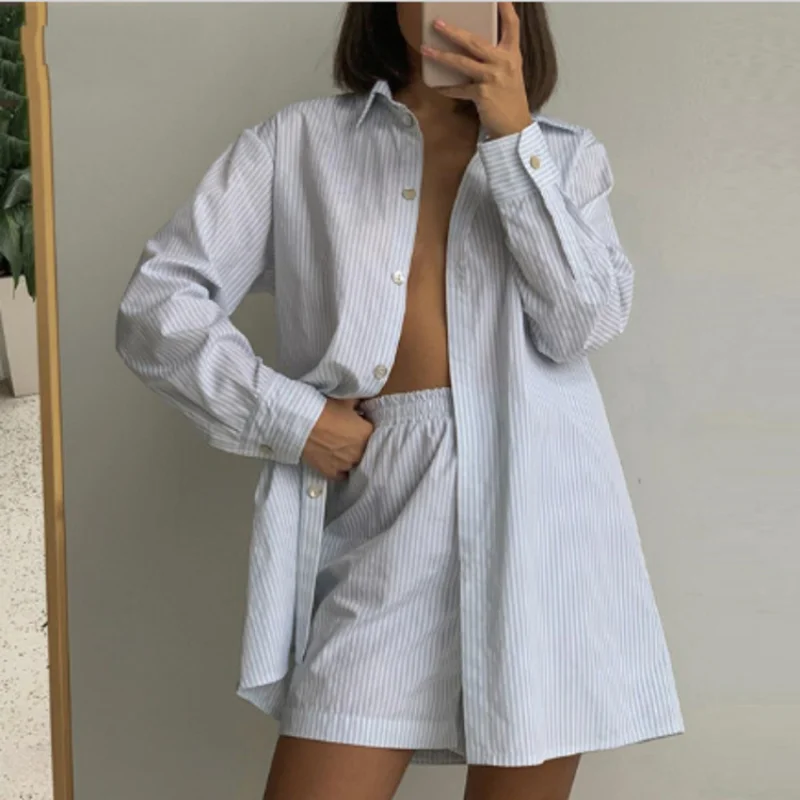 Women's Casual Stripe Home Clothes Long Sleeve Shirt Tops and Loose High Waisted Mini Shorts Pyjamas Two Piece Set Pajamas