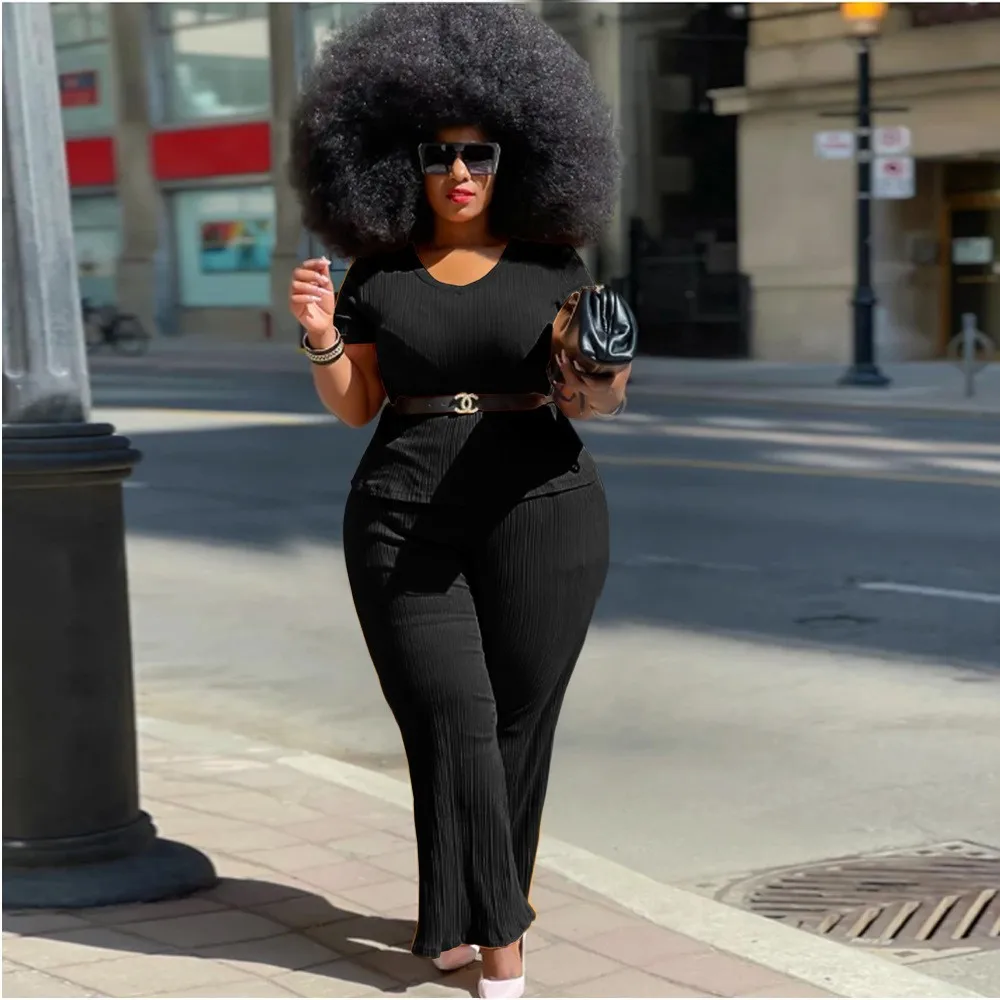 4xl Plus Size Sets For Women Solid Ruffle Shirts And Flare Pants 2022 Summer Two Piece Sets Fashion Luxury Wholesale Clothes