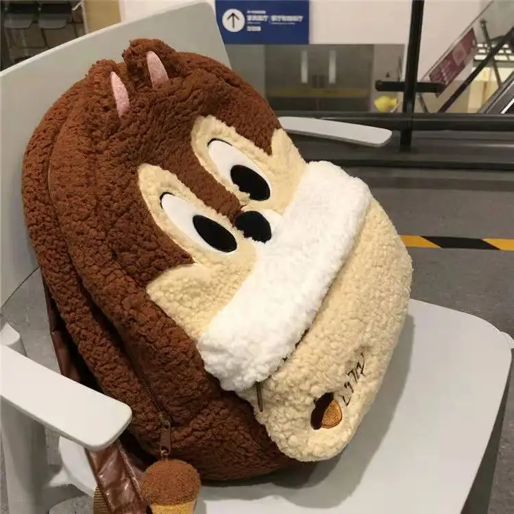 

Коричневый плюшевый рюкзак Disney чип и Дейл, большая комната, на молнии, Студенческая сумка на плечо для девочек, модная Милая чипмунк сумка в ...