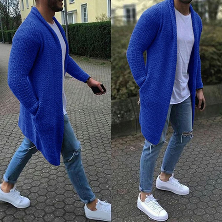 

Men's Streetwear Cardigan Long Sleeve Midi Sweater Coat with Pocket Winter and Autumn Casual Solid Color Cardigans New Clothing