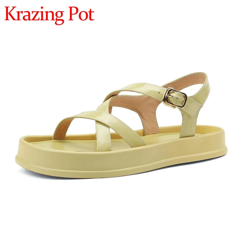 

Сандалии Krazing Pot из натуральной кожи на толстой подошве, простые Стильные однотонные удобные повседневные босоножки для молодых девушек, L19
