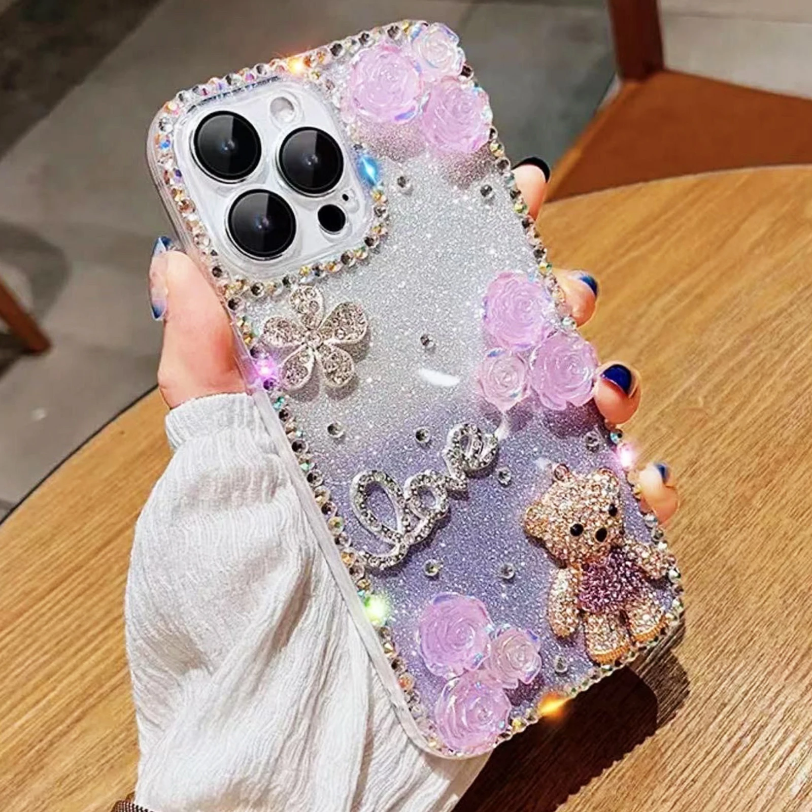 

Luxury Glitter Rhinestone Cute Bear Flower Phone Case For iPhone 14 13 12 11 Pro Max Mini + Plus 7 8 X XS XR Protector Covers
