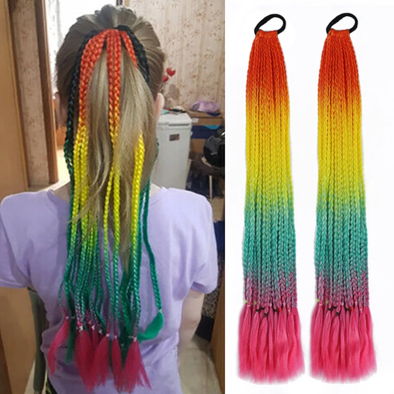 Synthetic Girls Box Braids Ponytail With Elastic Rubber Band Hair Colored Box Pigtail Rope Headdress Kid Ponytai Hair Extensions