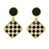 new fashion black small square lattice drop earrings for women minimal pearl inlaid cute dangle earring accessories jewelry gift