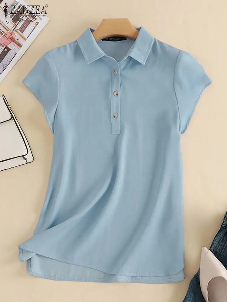 

Summer Women Short Sleeve Blouse OL Denim Blue Blusa Femininas Oversized ZANZEA Casual Solid Fitting Tops Lapel Neck Pullovers