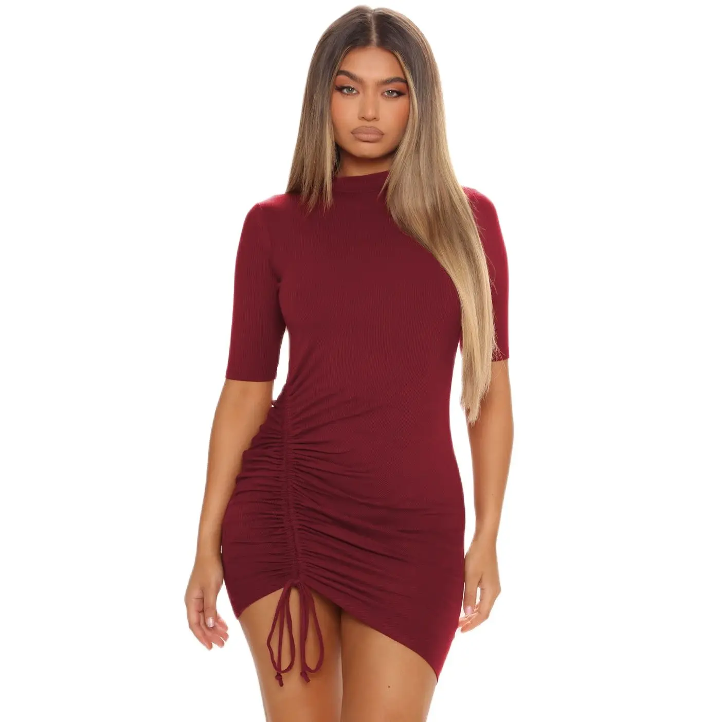 

2022 Summer New Fashion Sexy Womens Dress With Drawstring Mid-Sleeve Dress Temperament Elastic Thread Wrap Hip Skirt