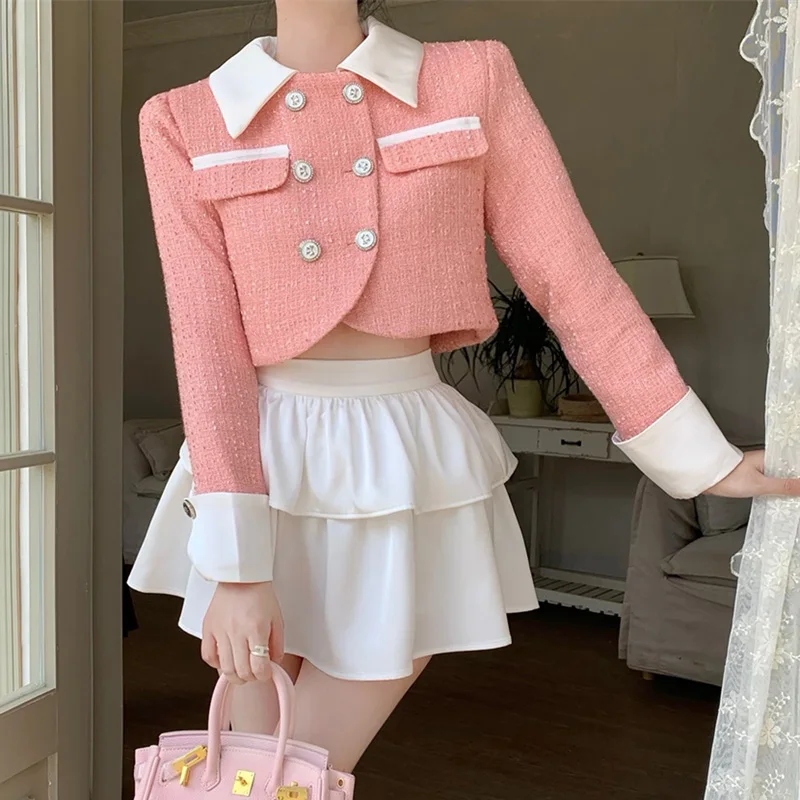 

Small Fragrant Tweed Coat New Autumn Winter French Fashion 2 Piece Set White Ruffles Mini Skirts Outfits Women's Sweet Party