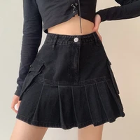ptkpcc jeans mini skirt goth denim pleated skirts with big pockets women summer punk y2k black faldas high waist korean fashion