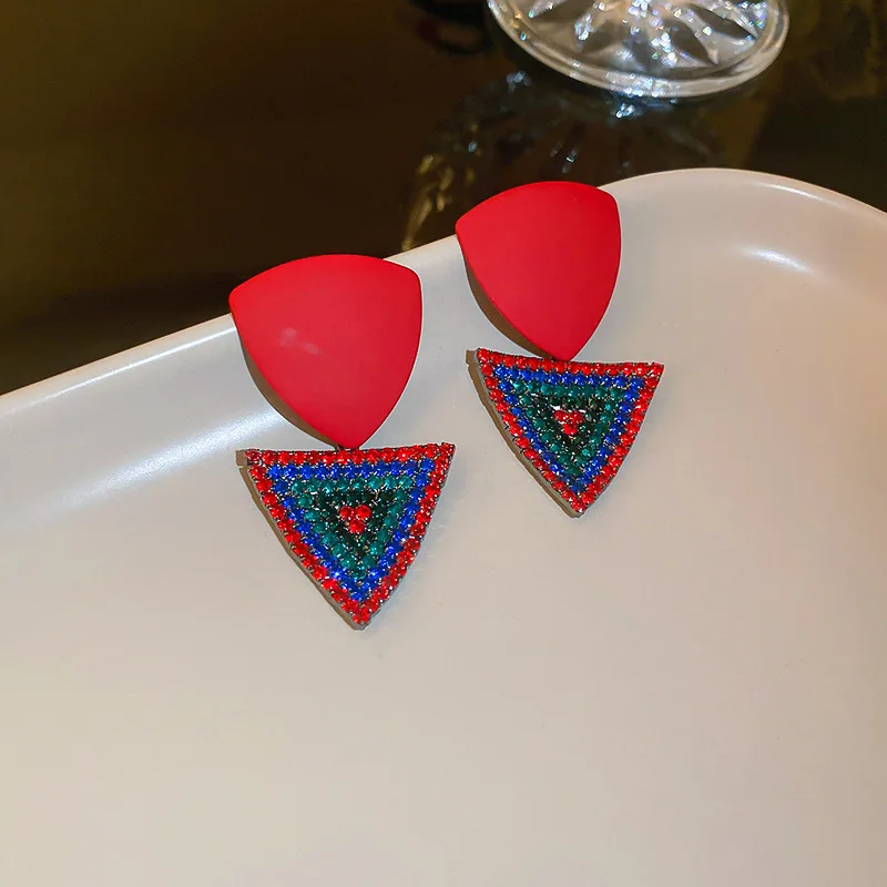 

Minar Exaggerated Shinning Rhinestone Geometric Earring for Women Ladies Contrast Color Triangle Dangle Earrings Ethnic Jewelry