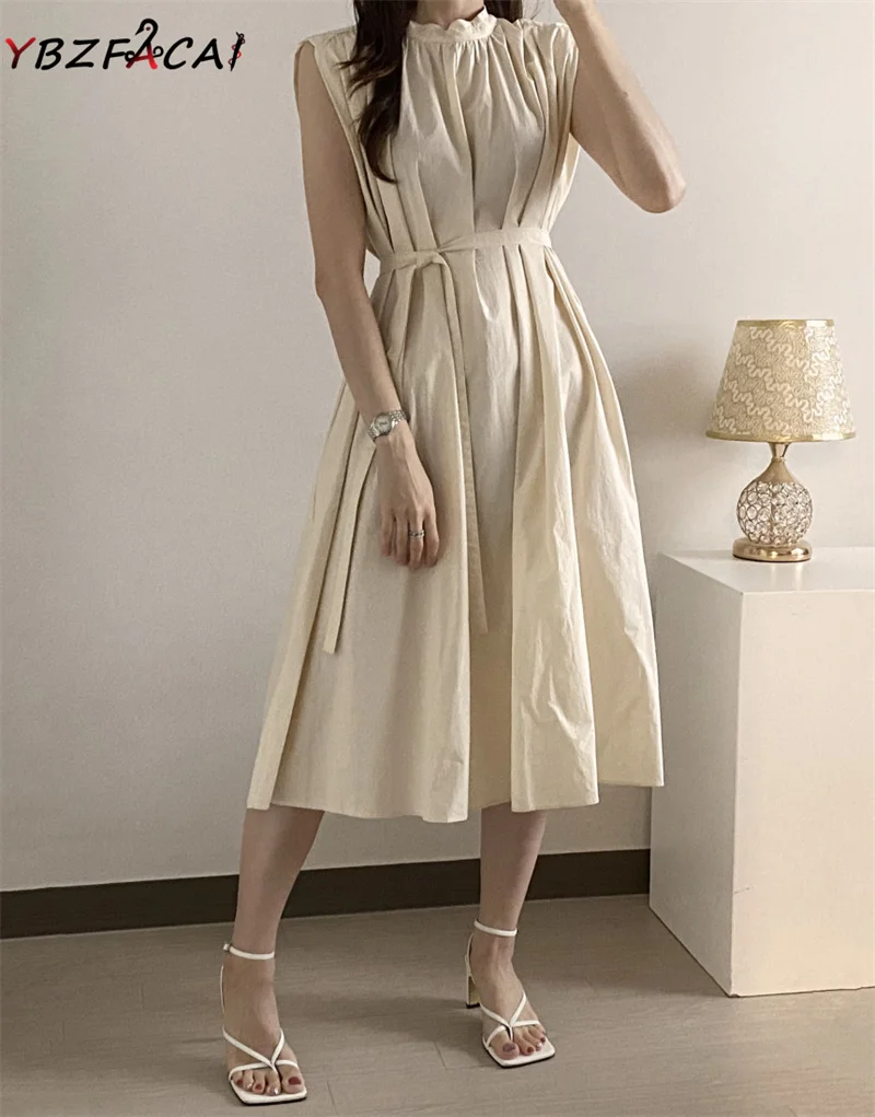 

Women Sleeveless Dress Summer Solid Color Cotton Midi Tank Dress Korea Chic High Neck Pleated Loose Lace Up Dress Office Dress