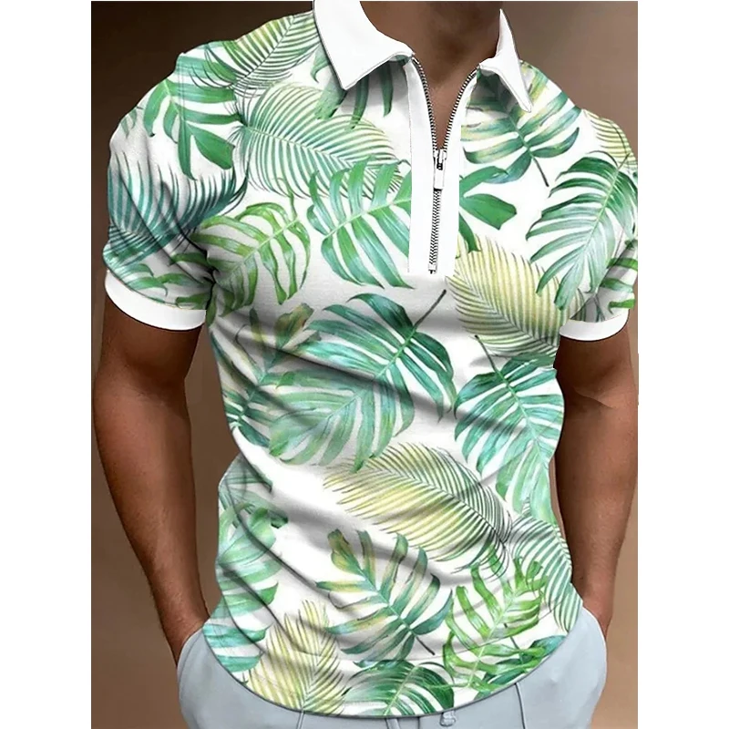 

Summer new men's clothing polo shirts patchwork sheets print casual short sleeve men's shirt turn-down zip collar polo tops