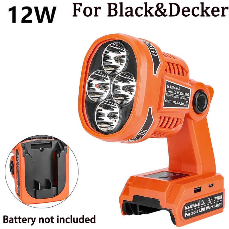 Для Black Decker 18 В 20 В литий-ионный аккумулятор Беспроводной светодиодный рабочий фонарь Наружное освещение Лампа для кемпинга Аварийный прожектор Фонарик